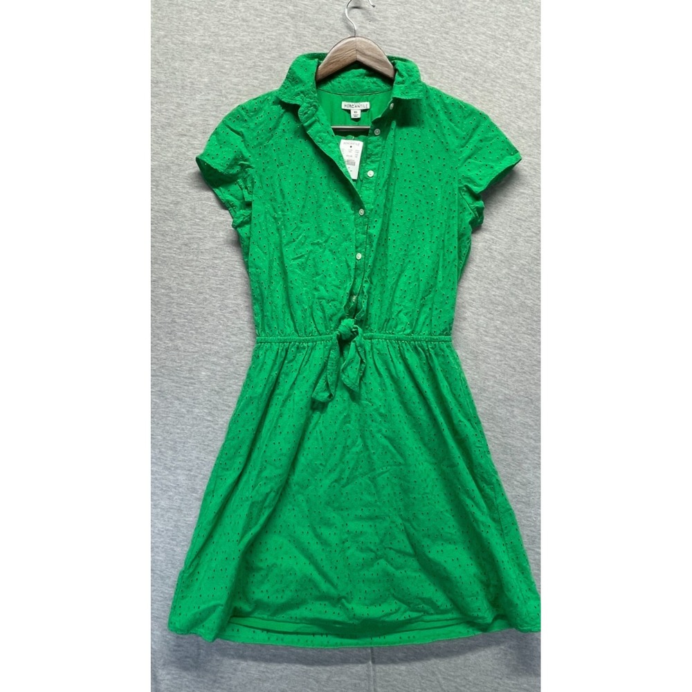 J.CREW Mercantile Shirt Dress Women XS Green Floral Embroidered Eyelet Tie Waist